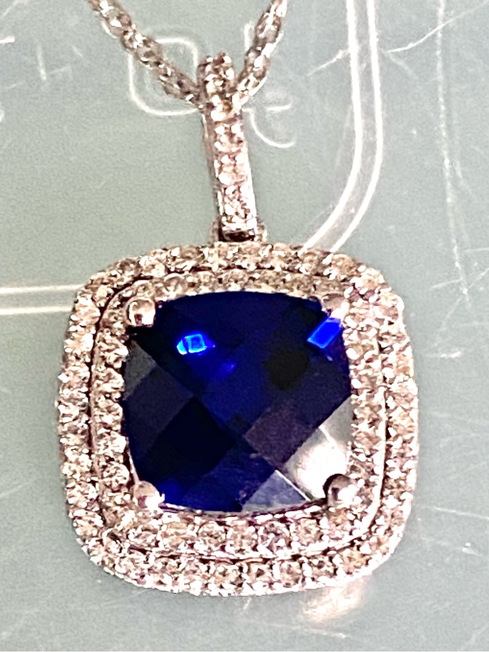 P✨M Cushion Cut Blue Sapphire Lab Created Italy Sterling Silver Pendant 925